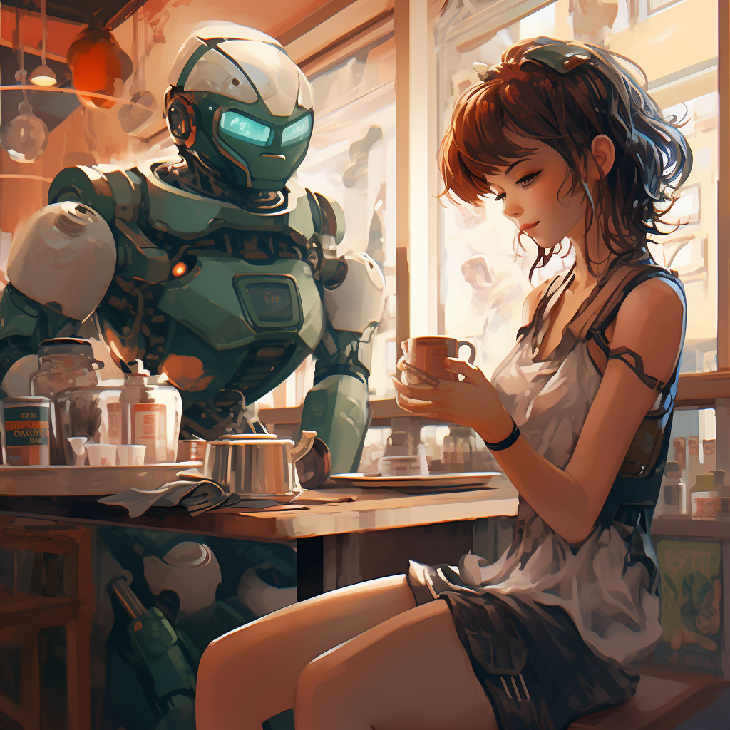 Anime style robot in coffee shop