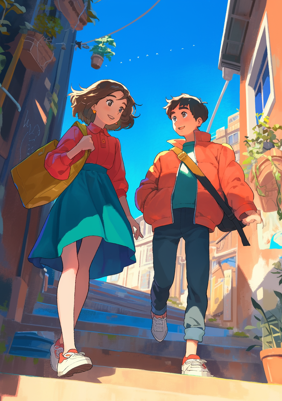 anime style with boy and girl walking, vivid colors.