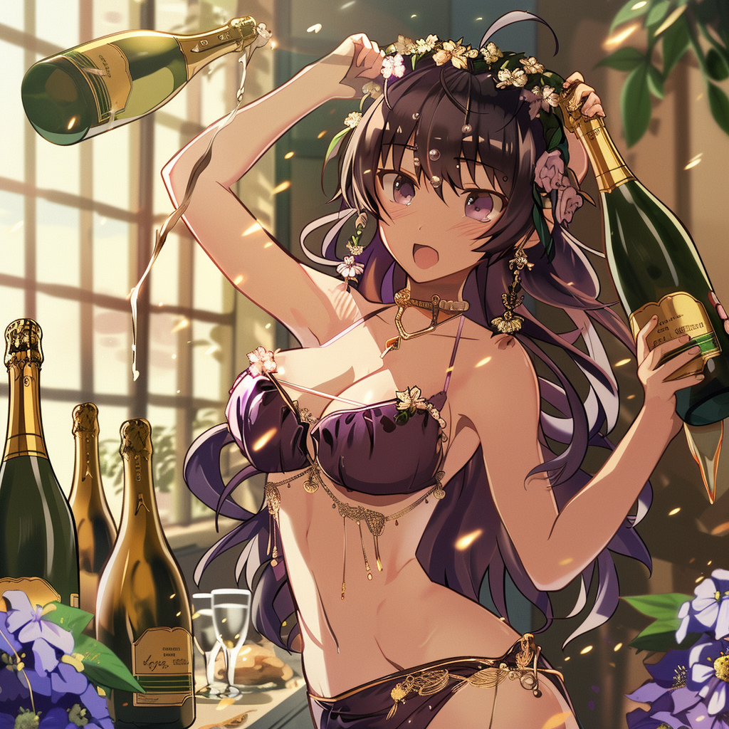 anime waifu celebrating with champagne