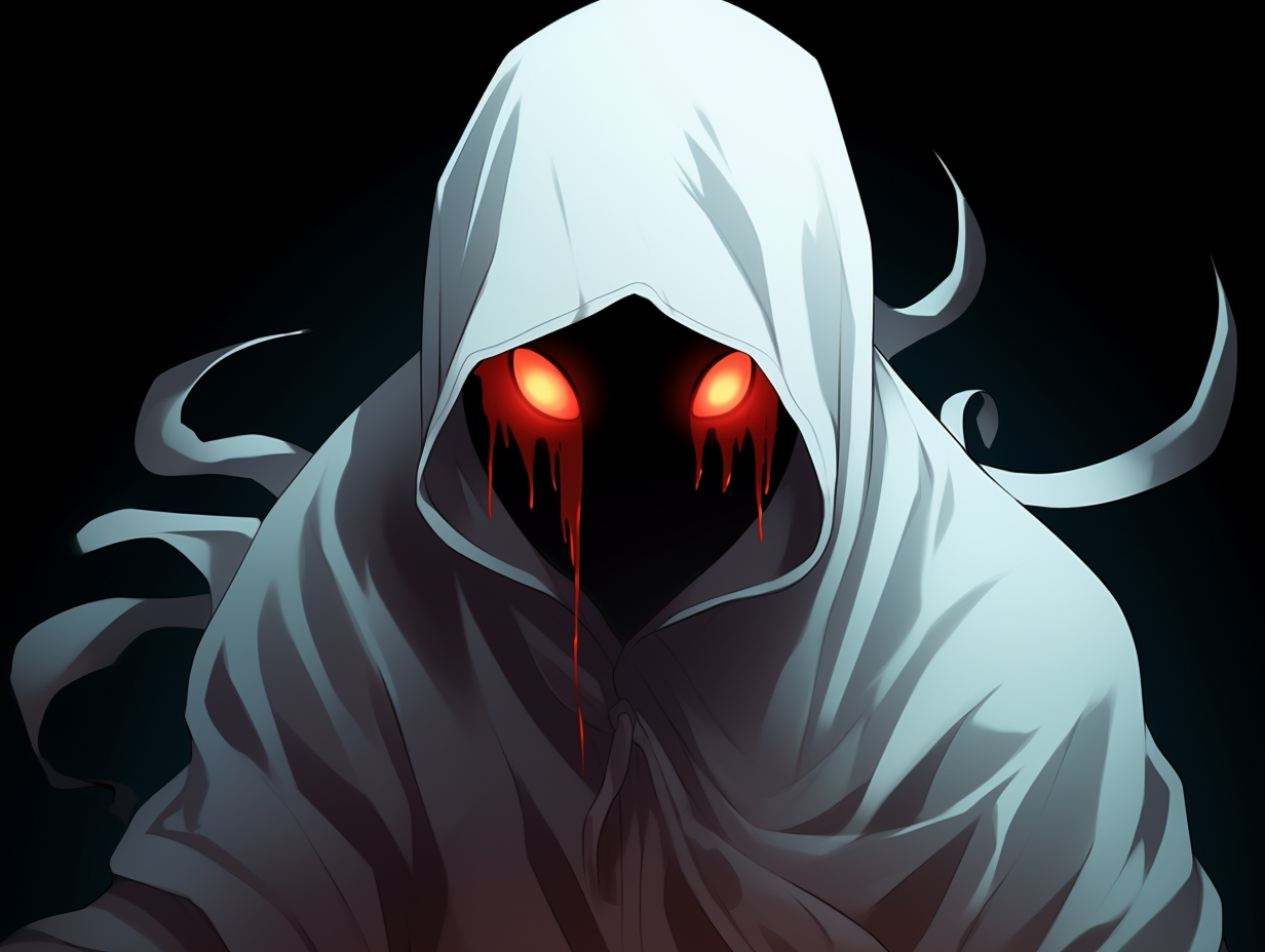 Smiling white ghost with hood and red eyes