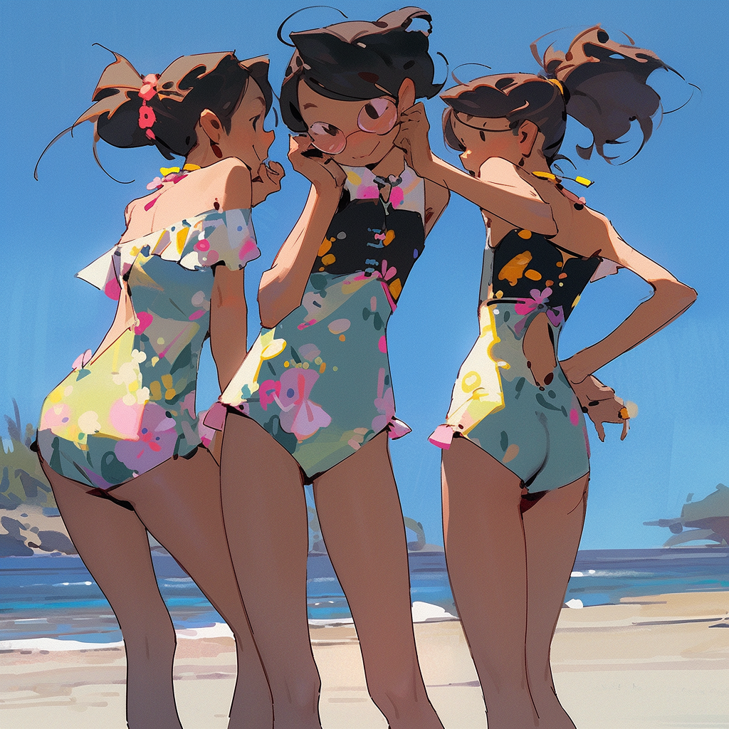 Three young women in stylish swim attire at the beach