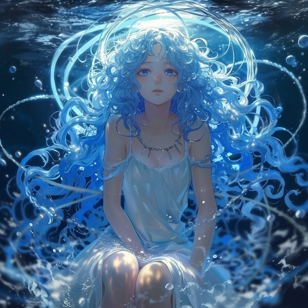 Long-legged anime beauty with blue halo and curly hair