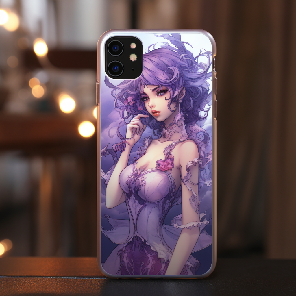 Anime Beauty with Purple Texture holding iPhone15 Pro