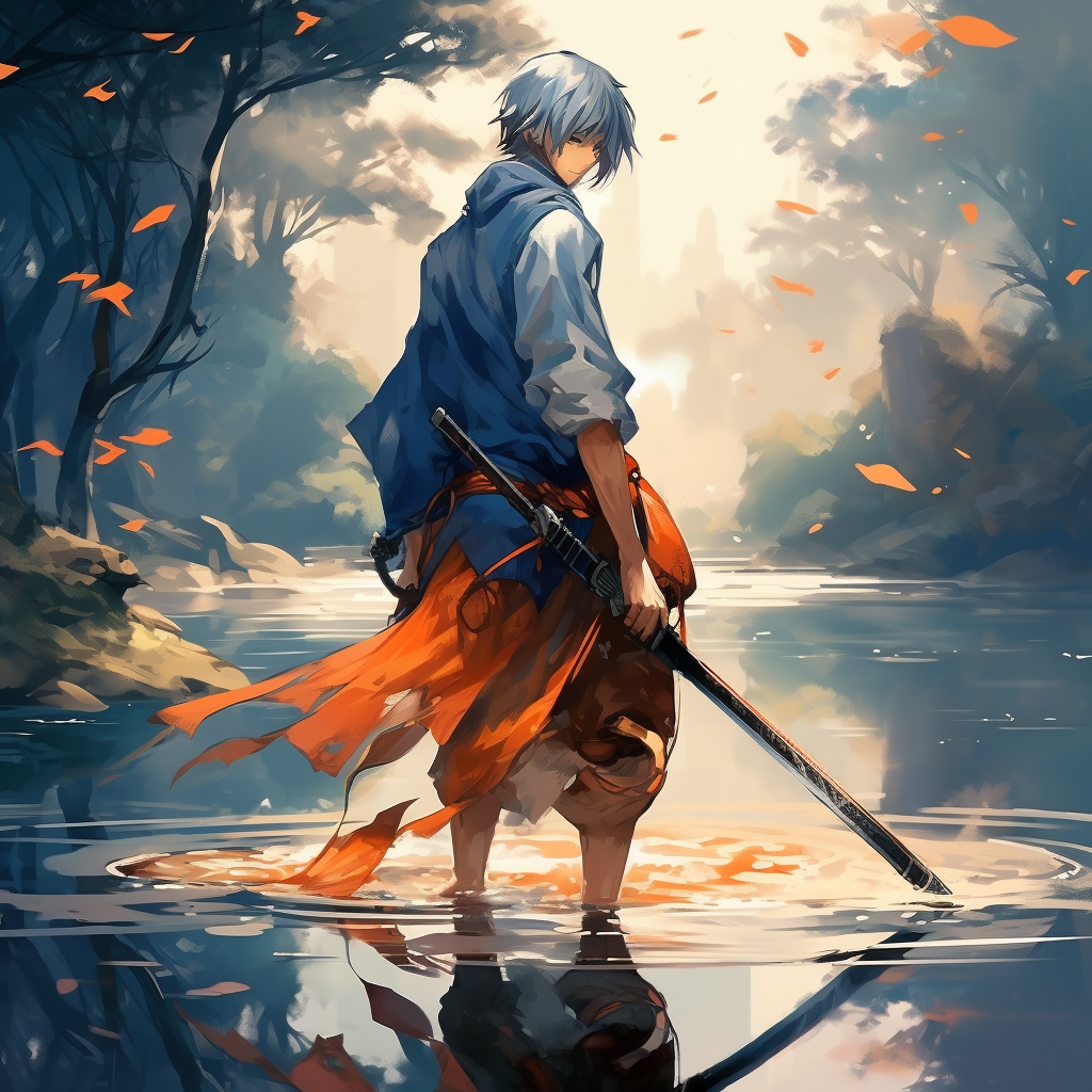 Anime Boy with Katanas by the River