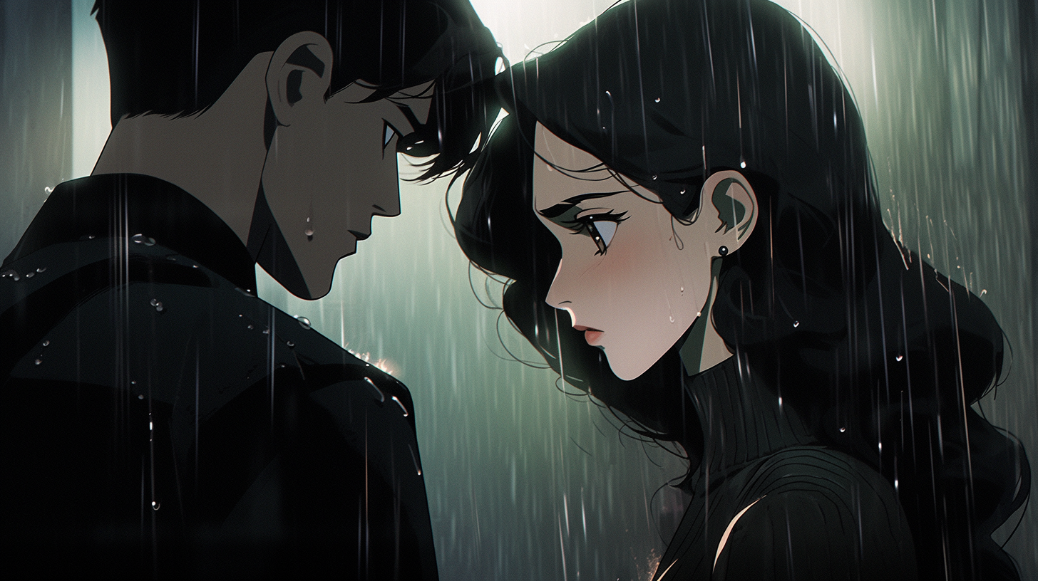 Female Anime Character Looking at Male Anime Character in Rain