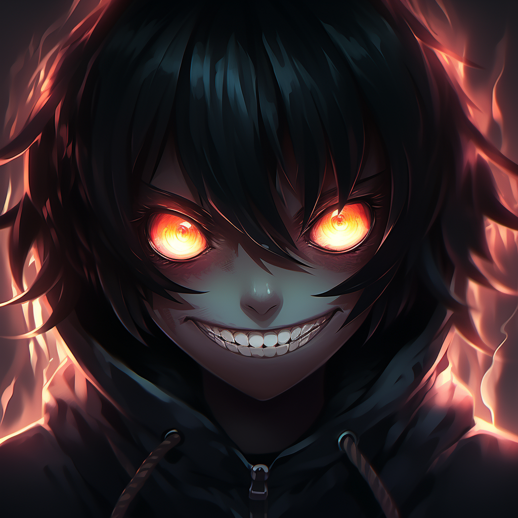 Anime character with an evil grin and glowing eyes