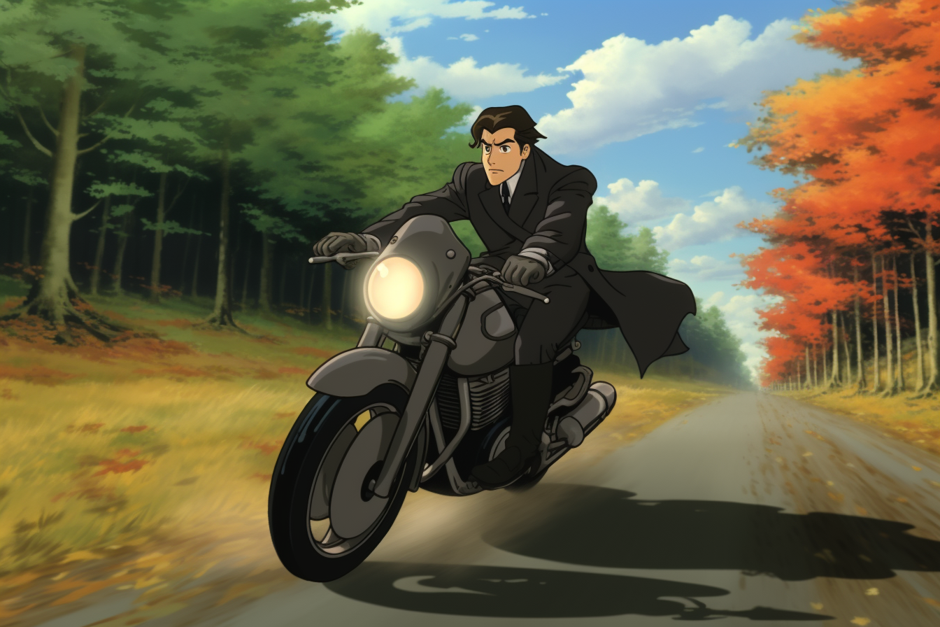 Anime character on motorcycle in black suit