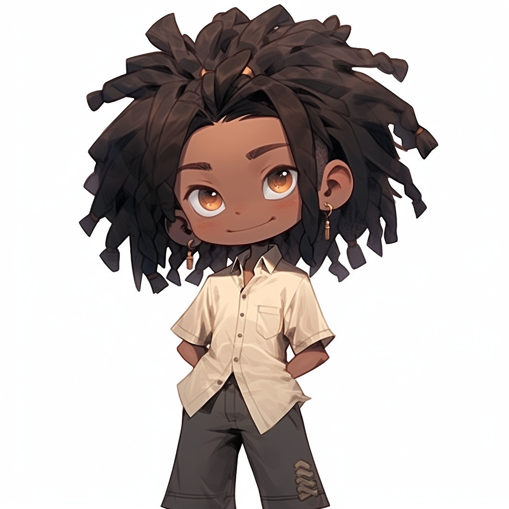 Smiling anime chibi boy with brown dreadlocks