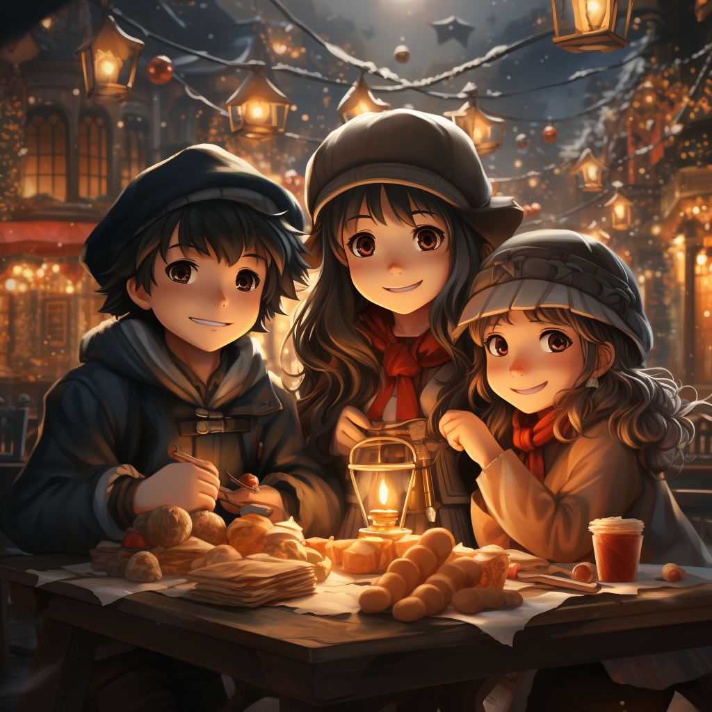 Cute anime characters celebrating Christmas