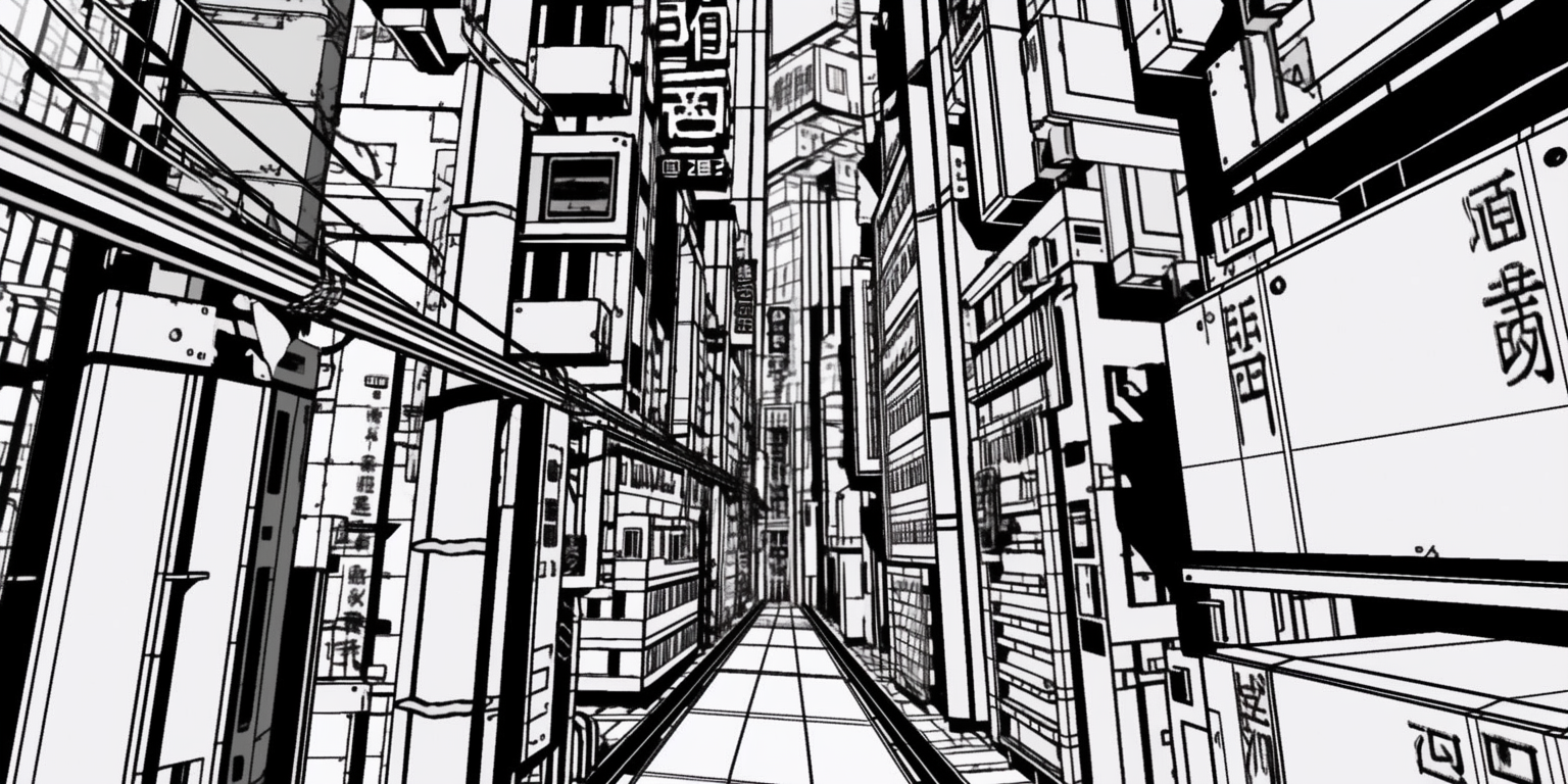 Monochrome anime cyberpunk cityscape