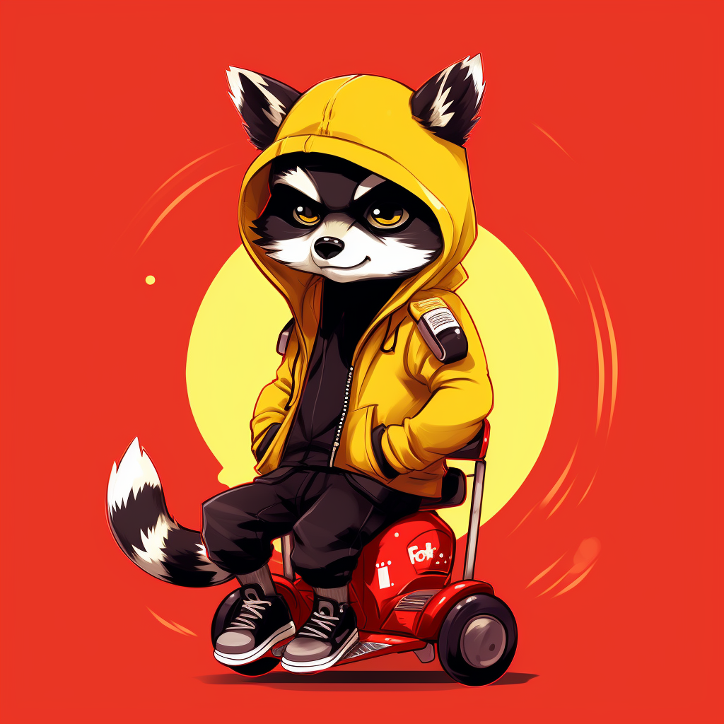 Gen Z raccoon riding electric scooter