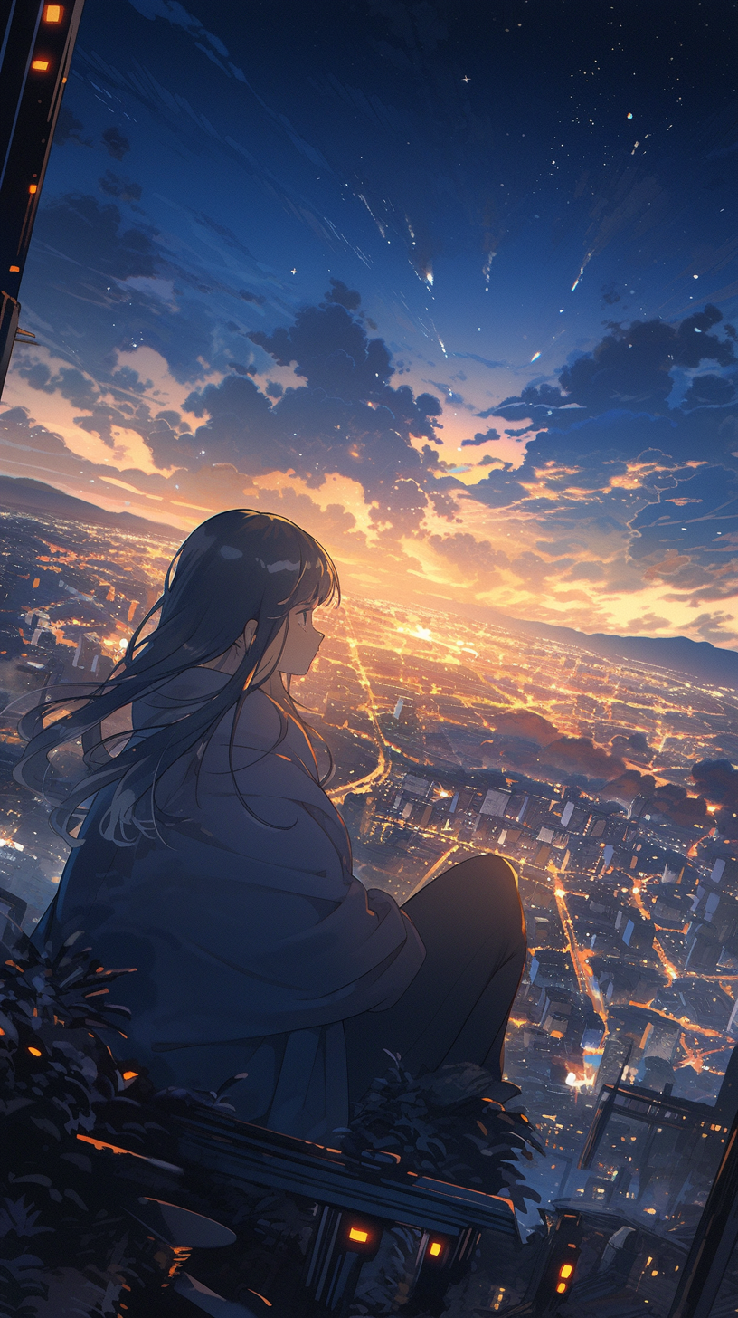 Anime girl sitting on edge, watching city sunrise