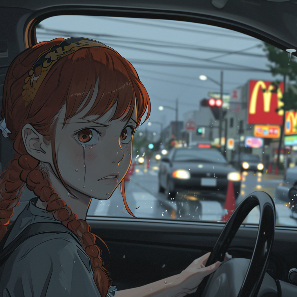 Miserable anime girl at Wendy's