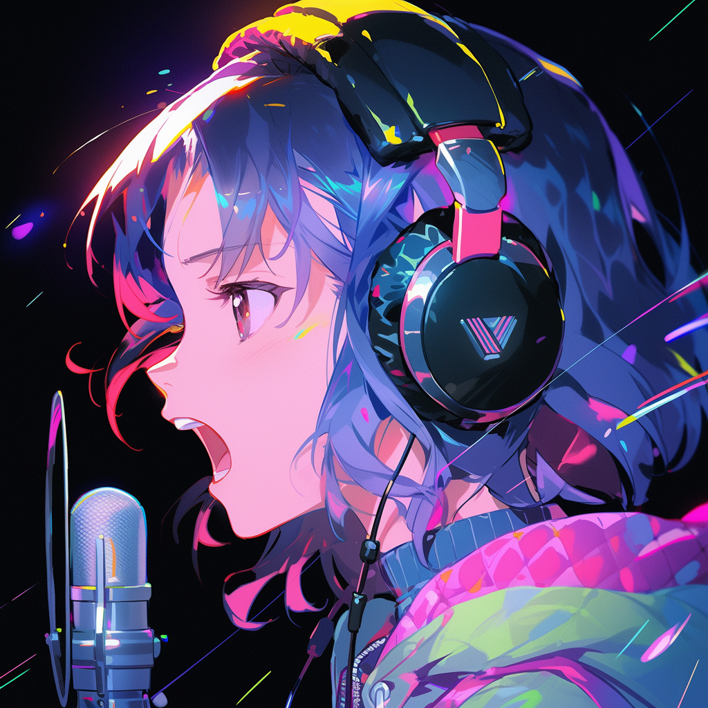 Anime girl singing into microphone with neon colors