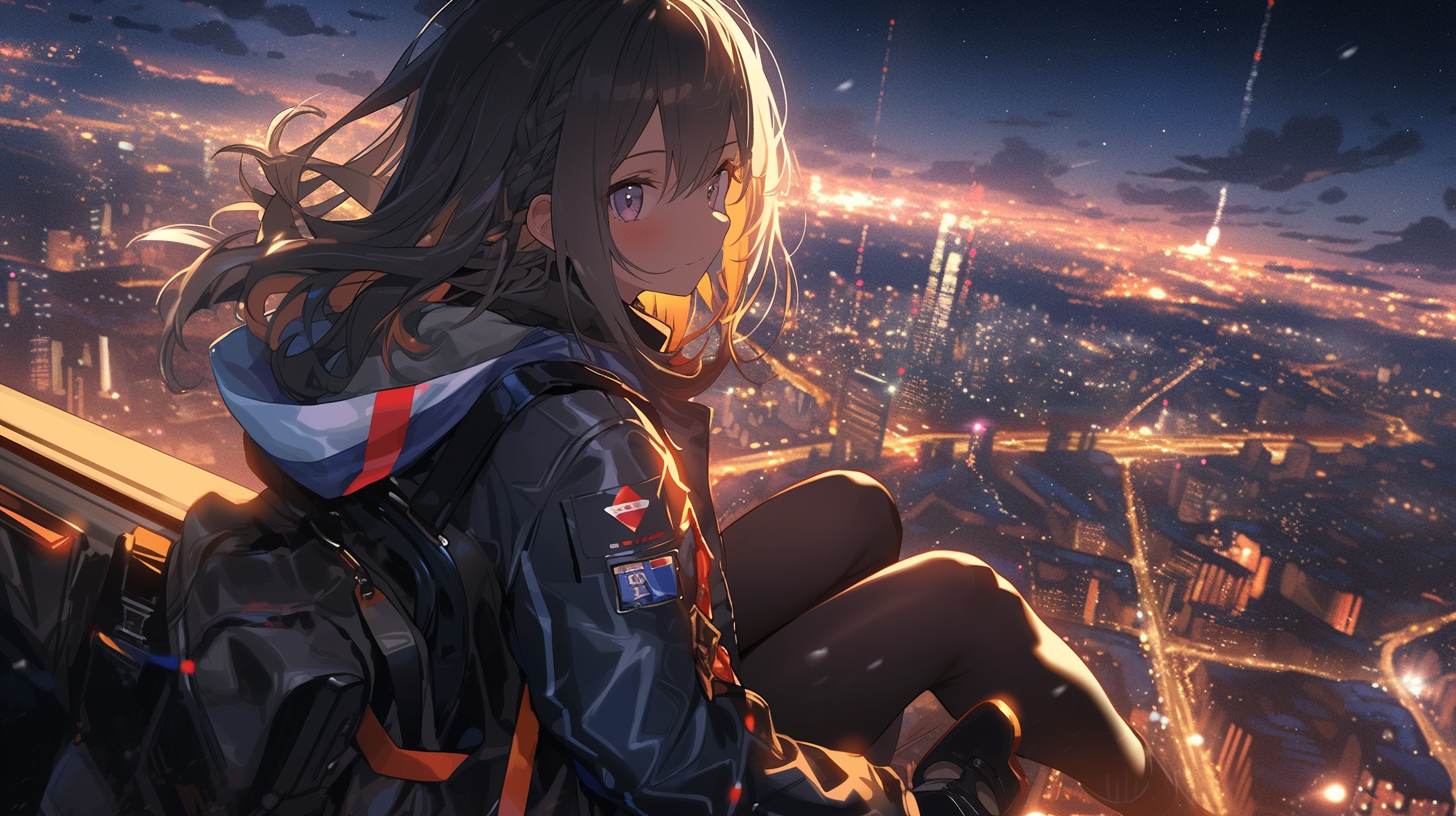 Anime girl with light jacket sitting on high rise