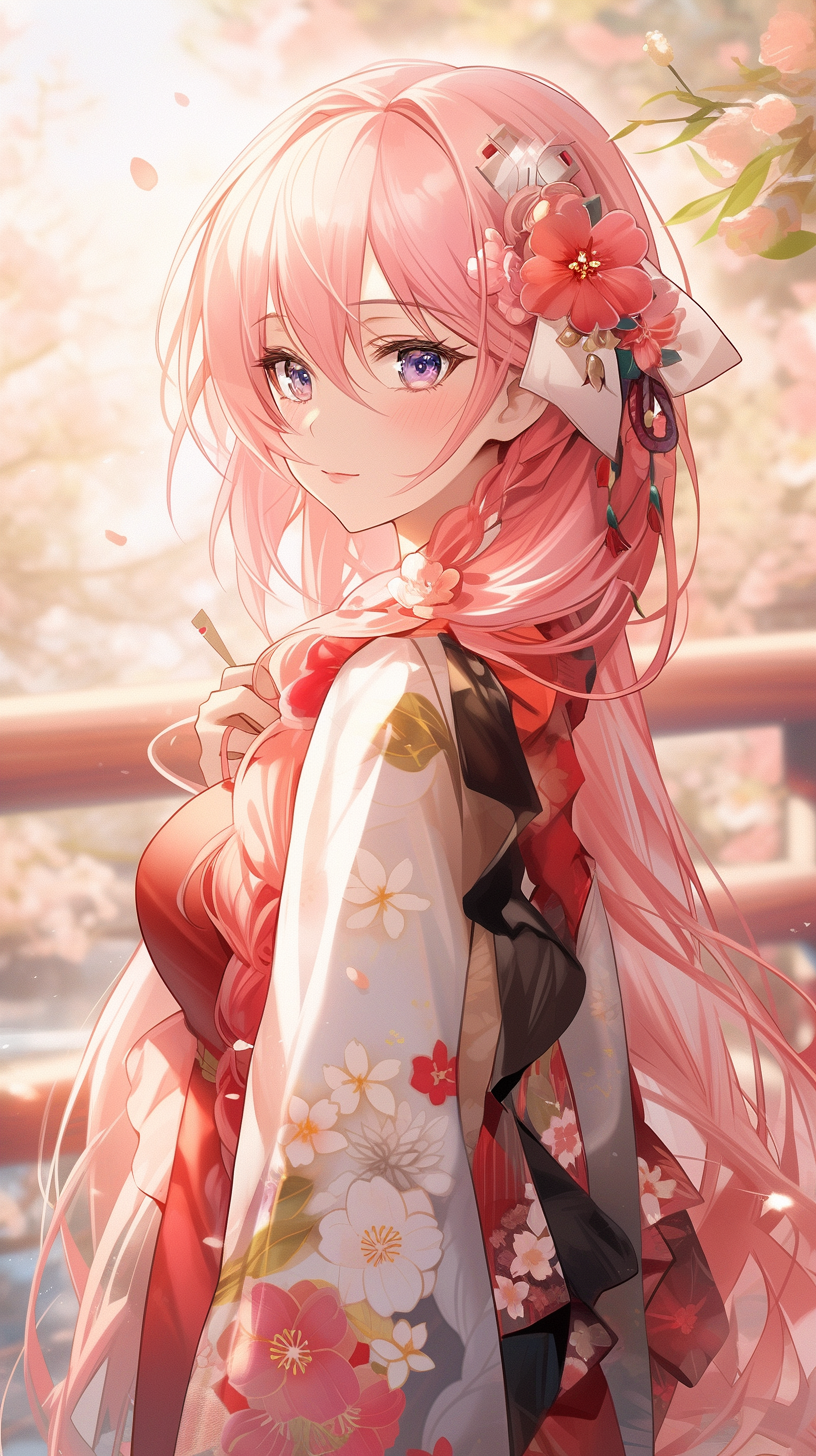 Anime girl with long pink hair in kimono