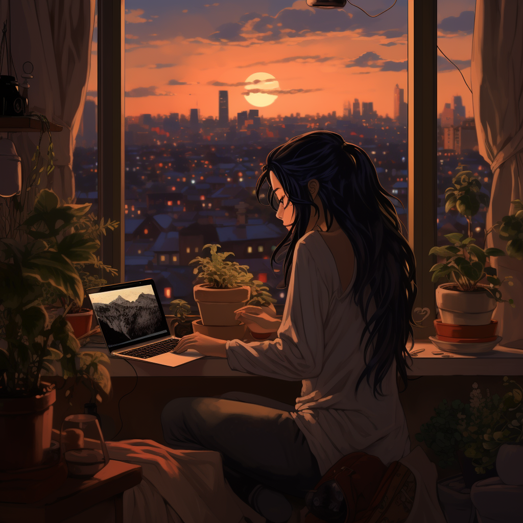 Anime girl programming with city view and plants