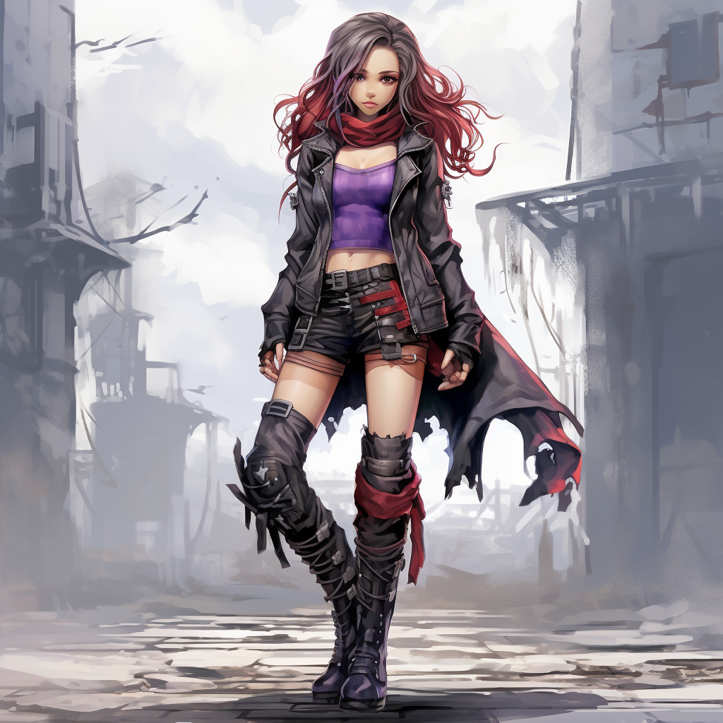 Anime girl in purple, red, and black clothing