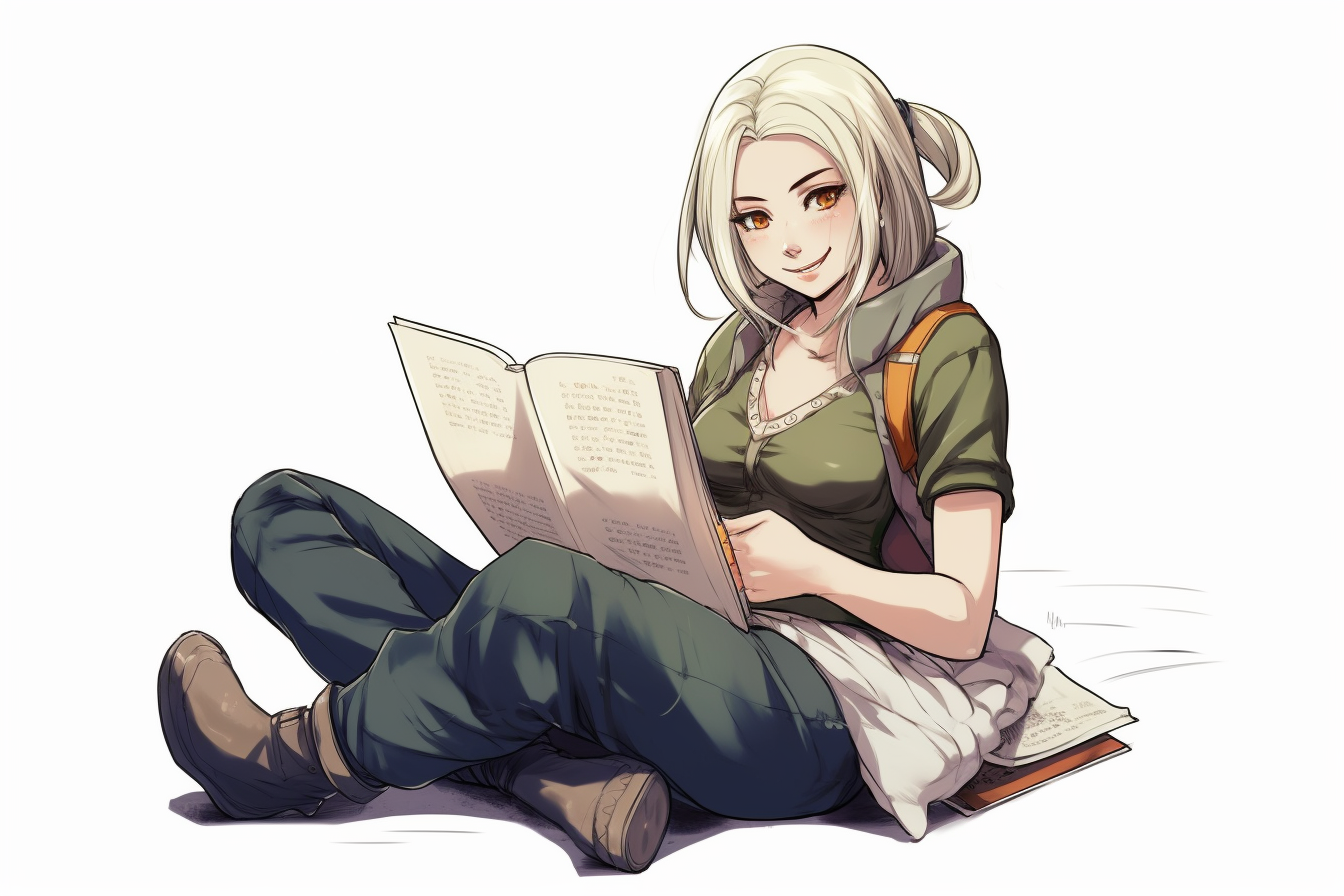 Happy anime girl reading book