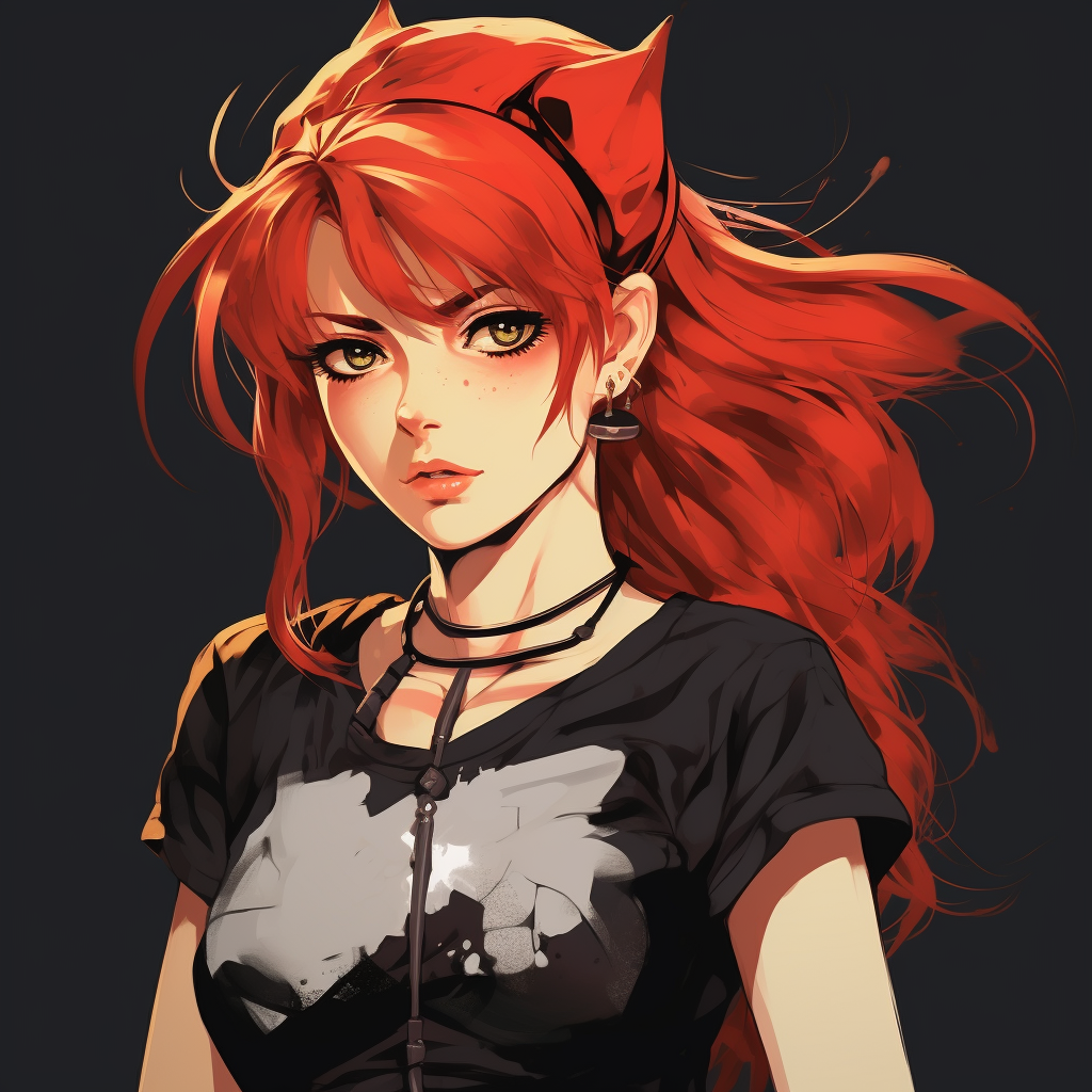 Anime girl with red hair in black band shirt