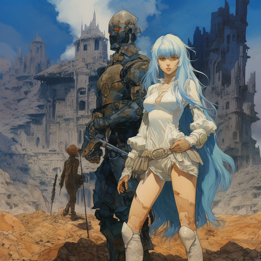 Blue-haired swordwoman in front of ruined castle