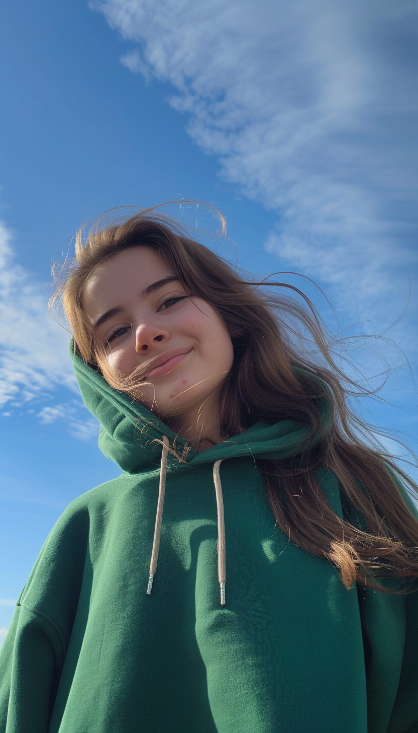 Anime Girl Smiling in Green Hoodie Blue Sky