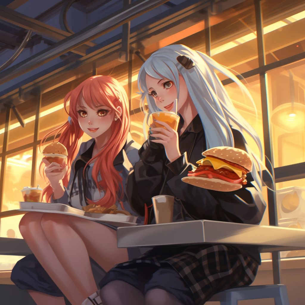 Pretty anime girls enjoying McDonald's Big Macs