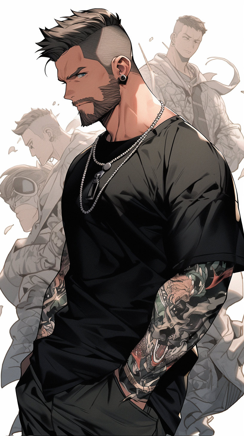 Confident anime guy with tattoos and mustache