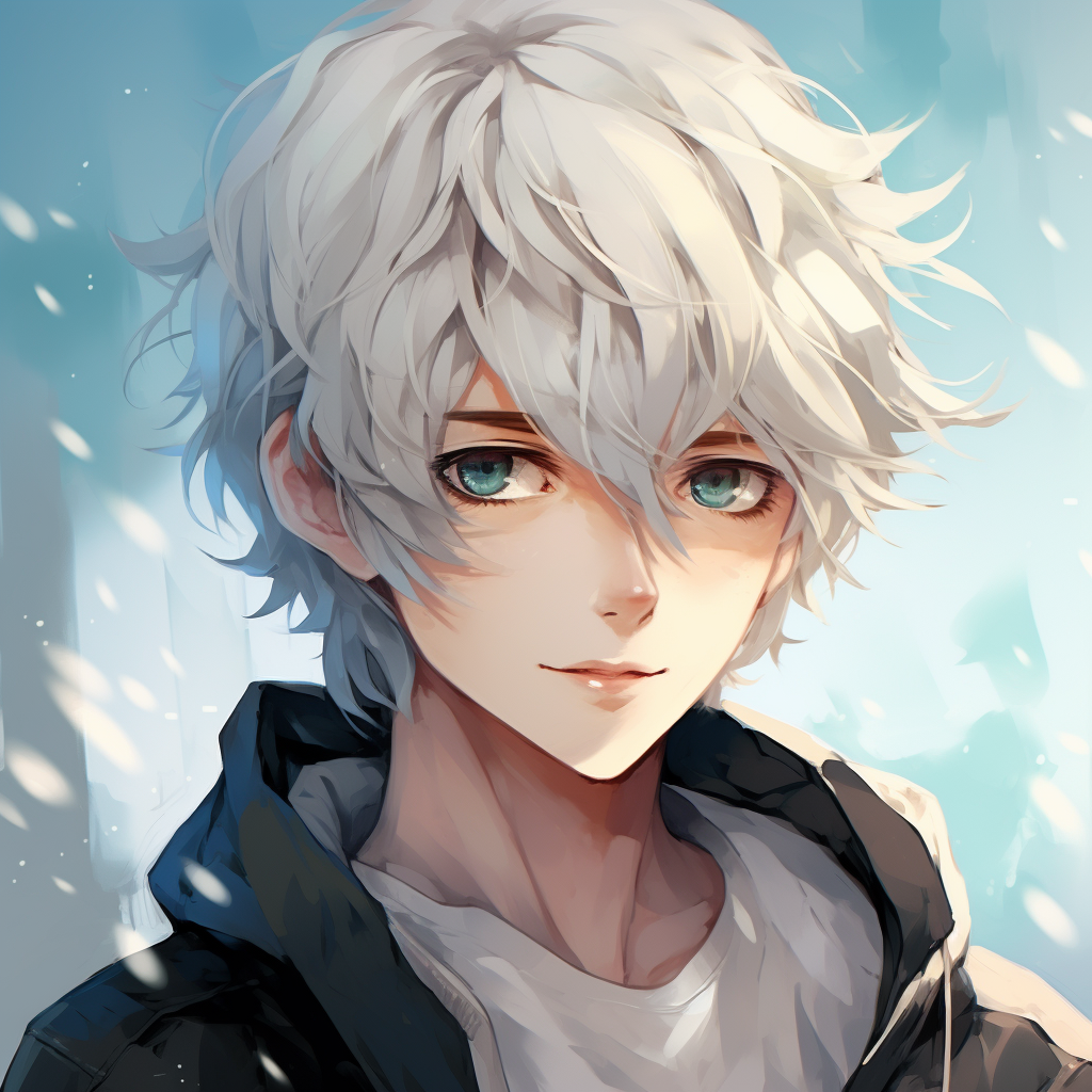 Happy anime guy with white hair and blue eyes