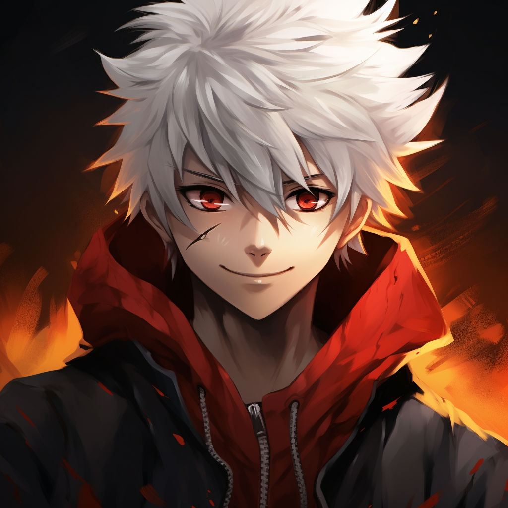 Smiling Anime Guy with White Hair and Red Eyes