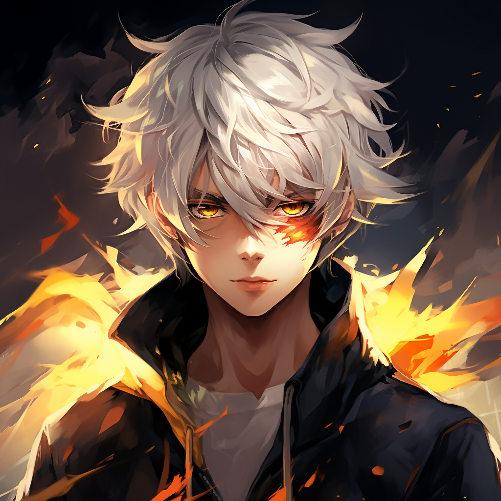 Anime guy with white hair and yellow eyes