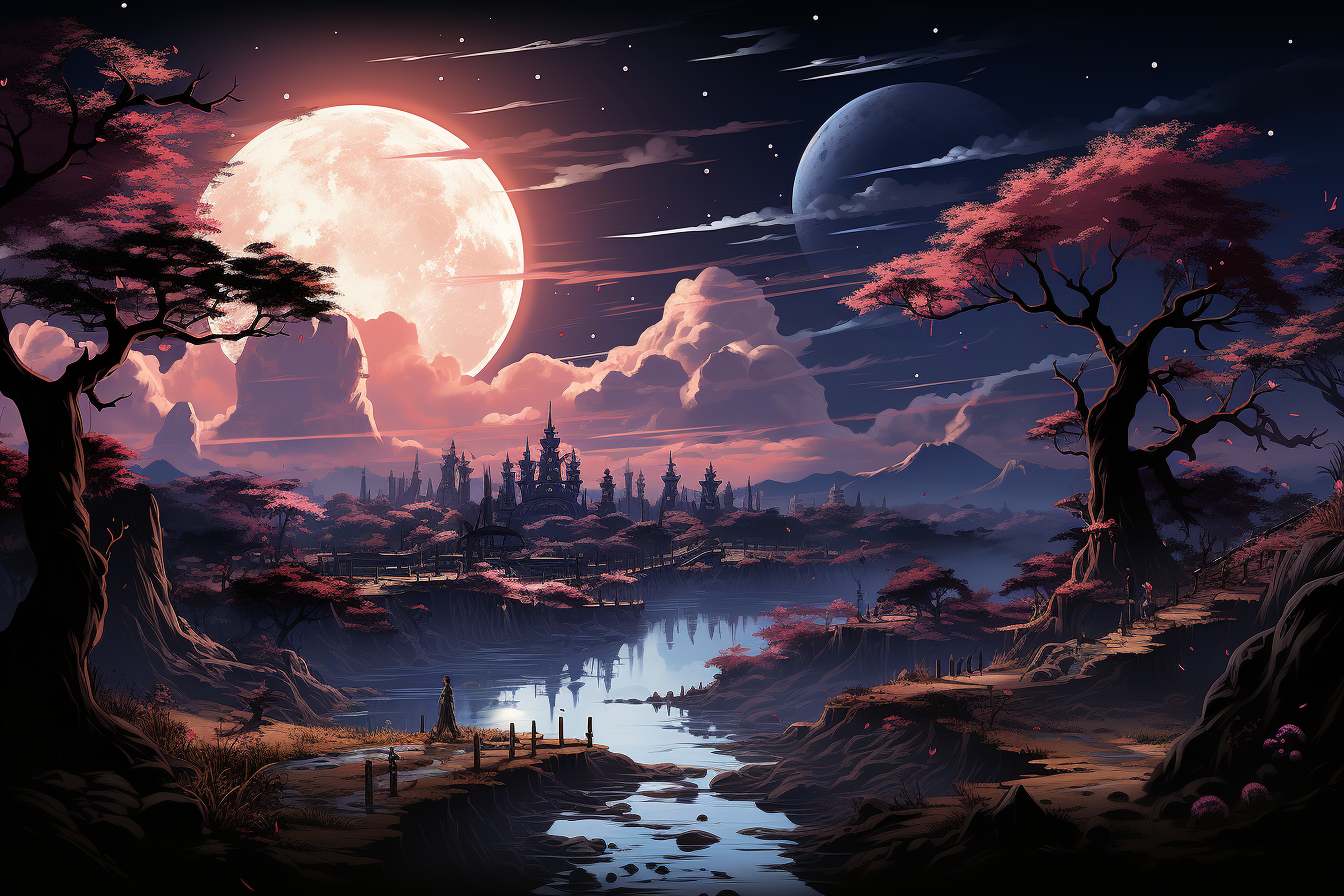 Vibrant anime landscape with starry night and village