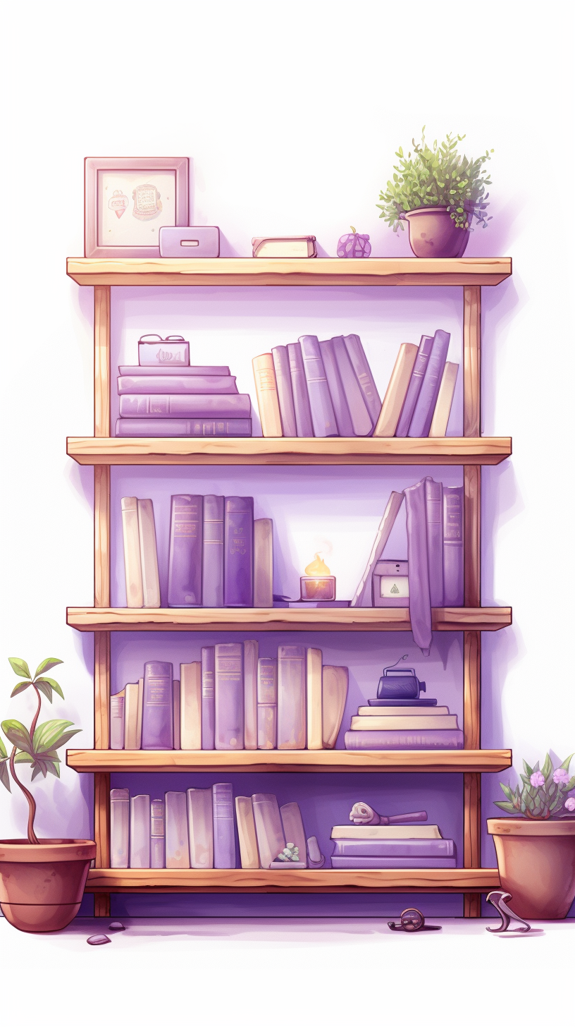 Anime library bookshelf with picture frames