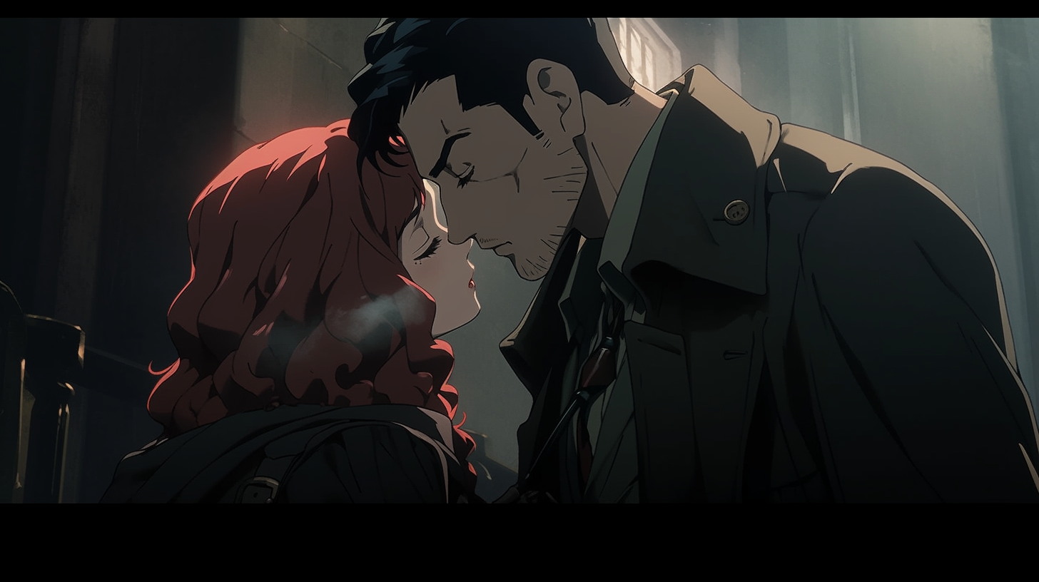 Anime Man Woman Kissing in Noir Atmosphere