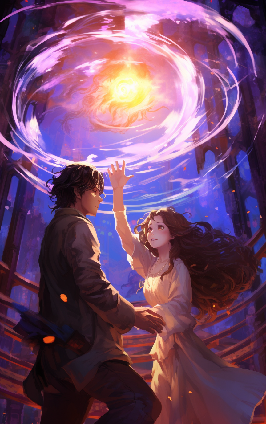 Passionate embrace in front of magnificent swirling portal