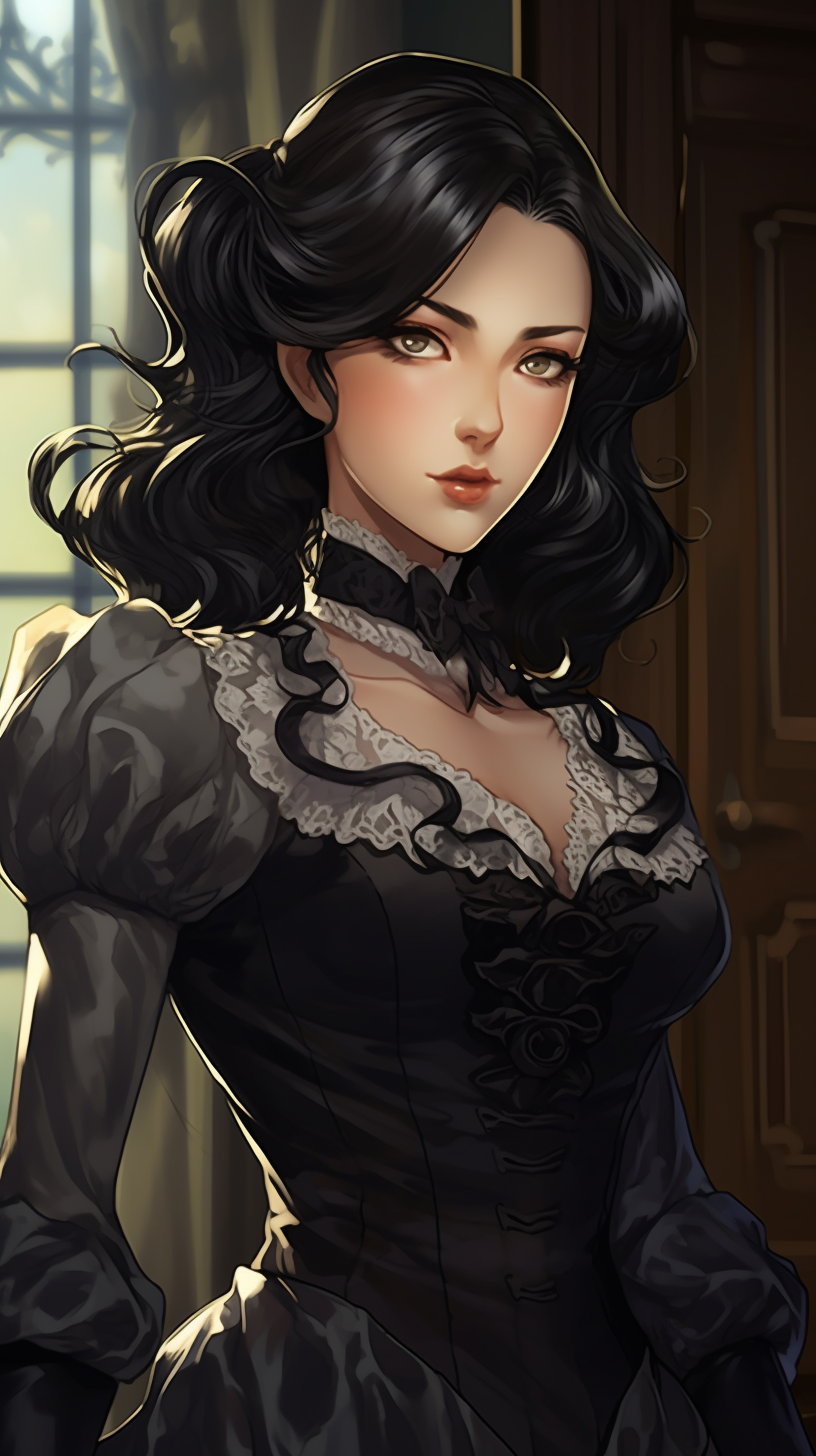 Young governess with black hair in webtoon style