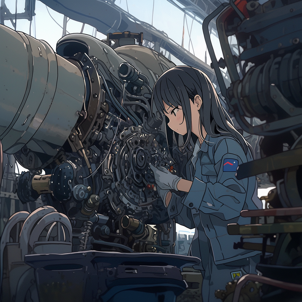 Skilled mechanic repairing battleship's engine