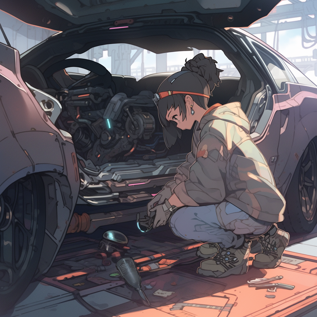 Anime mechanic repairing futuristic car bottom