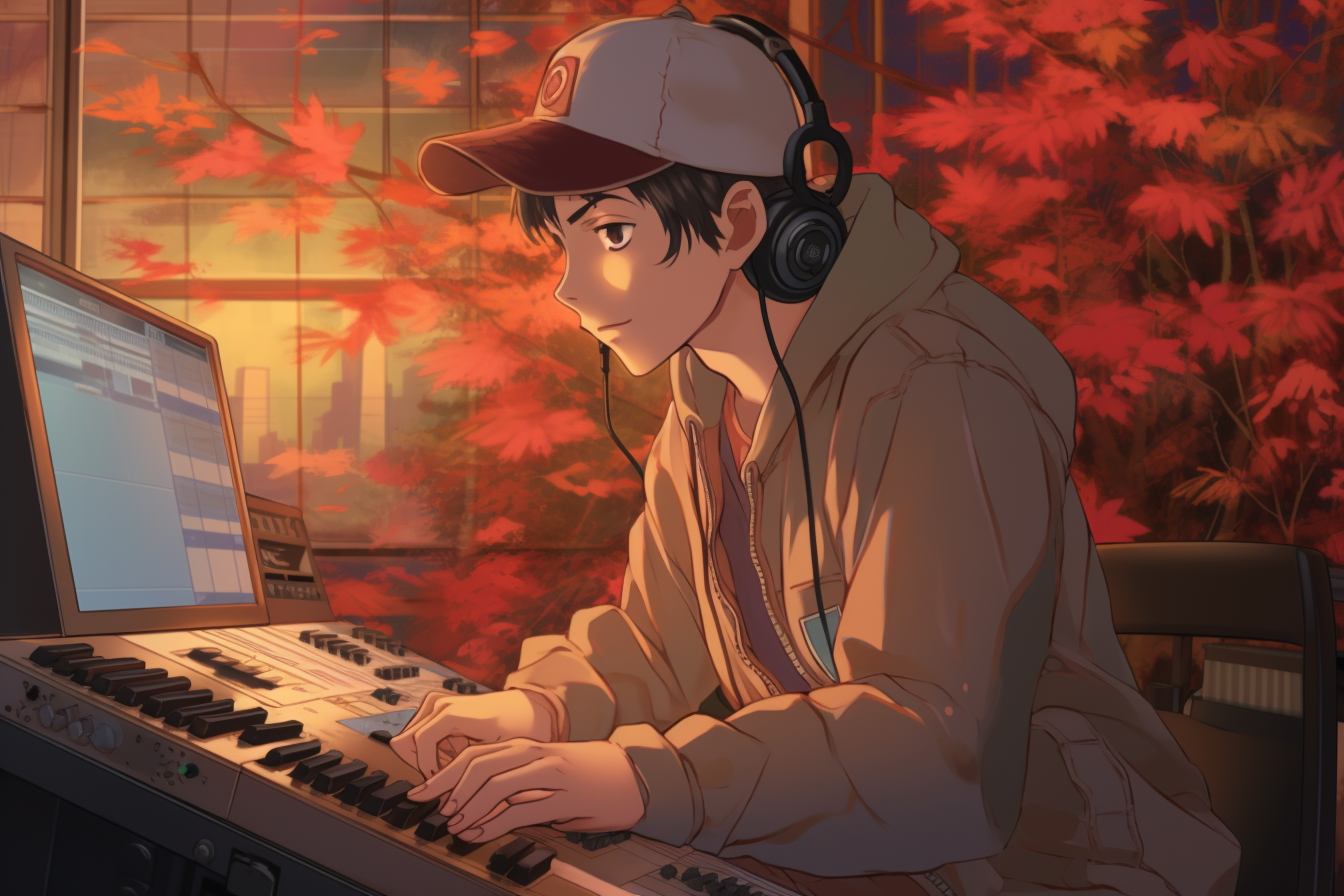 Anime music producer with trucker hat creating beats