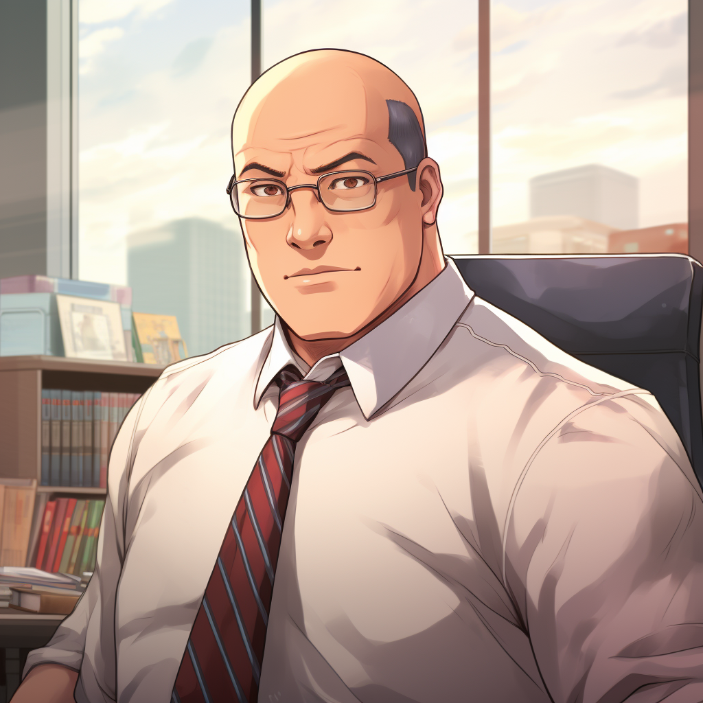 Anime office worker: bald, glasses, fat