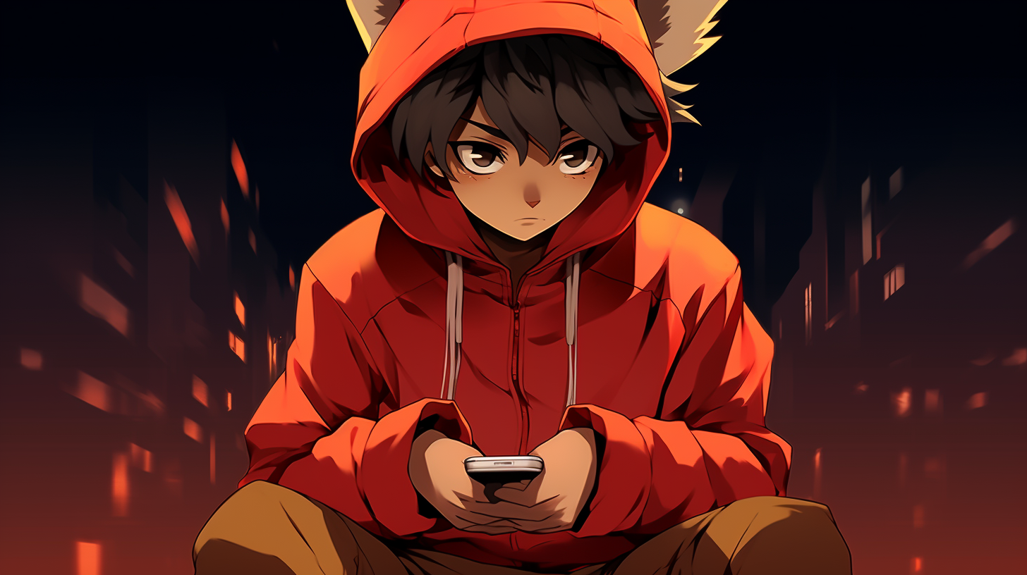 Anime raccoon wearing red hoodie and browsing