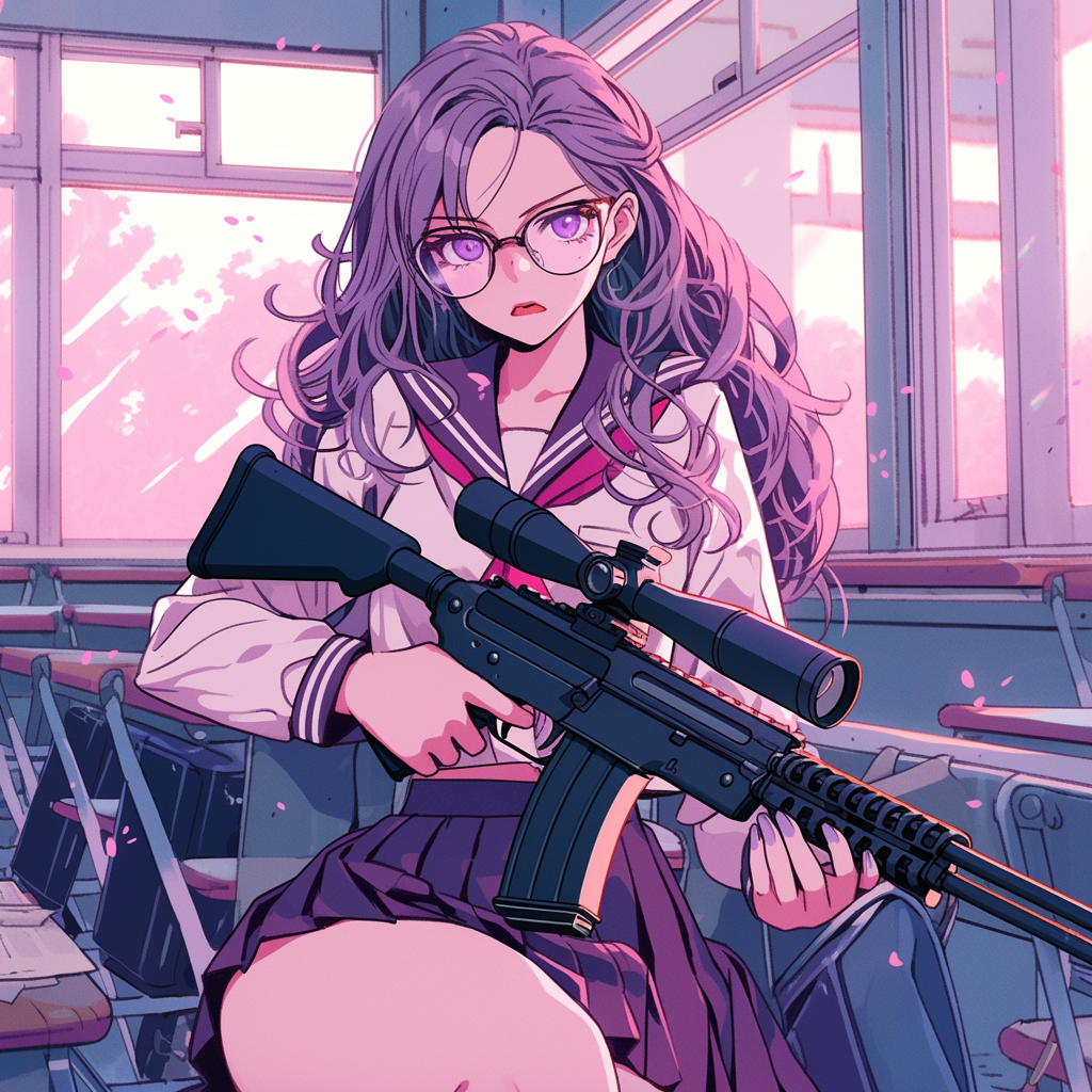 Anime school girl with sniper rifle