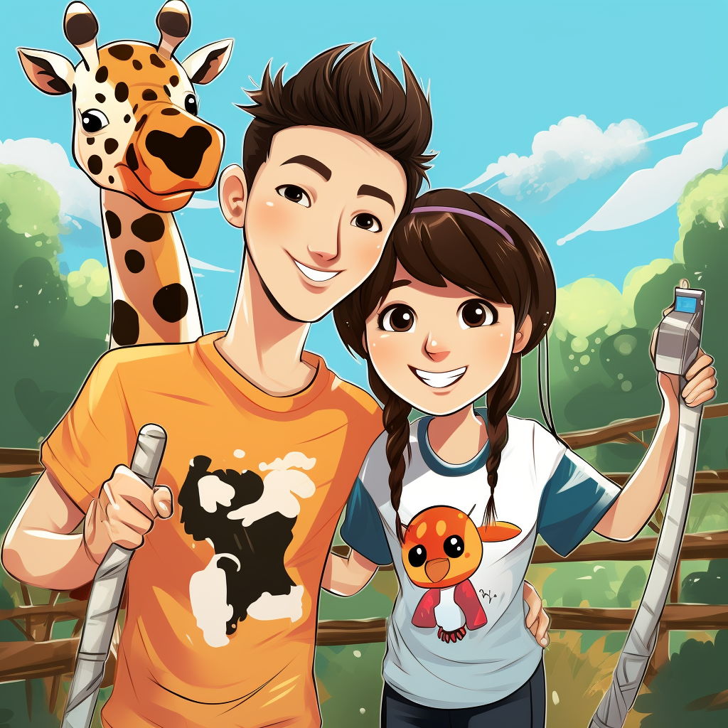 Happy Uzbek and Azerbaijani anime-style couple with giraffe