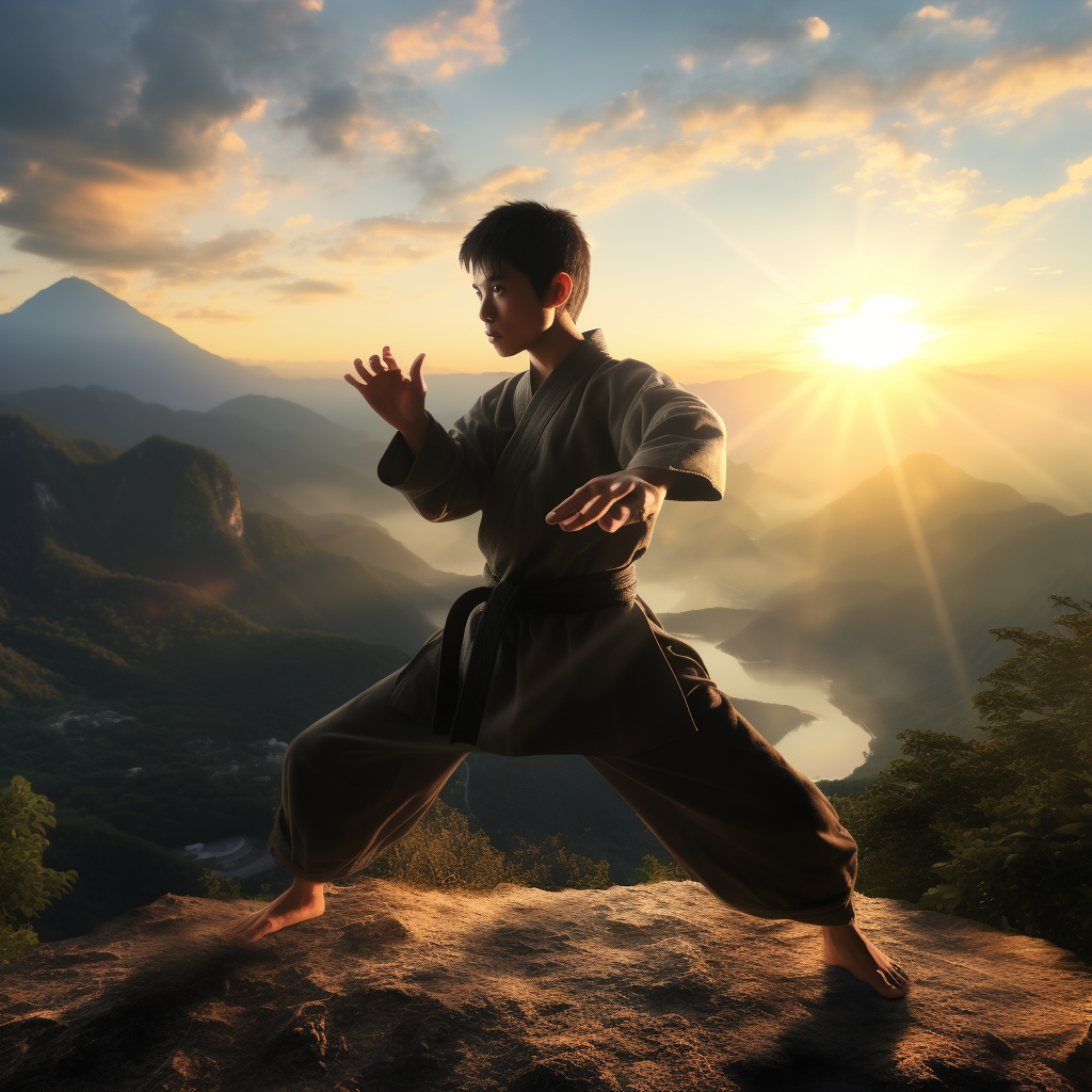 Anime Teenager Training Kong Fu in Mountains