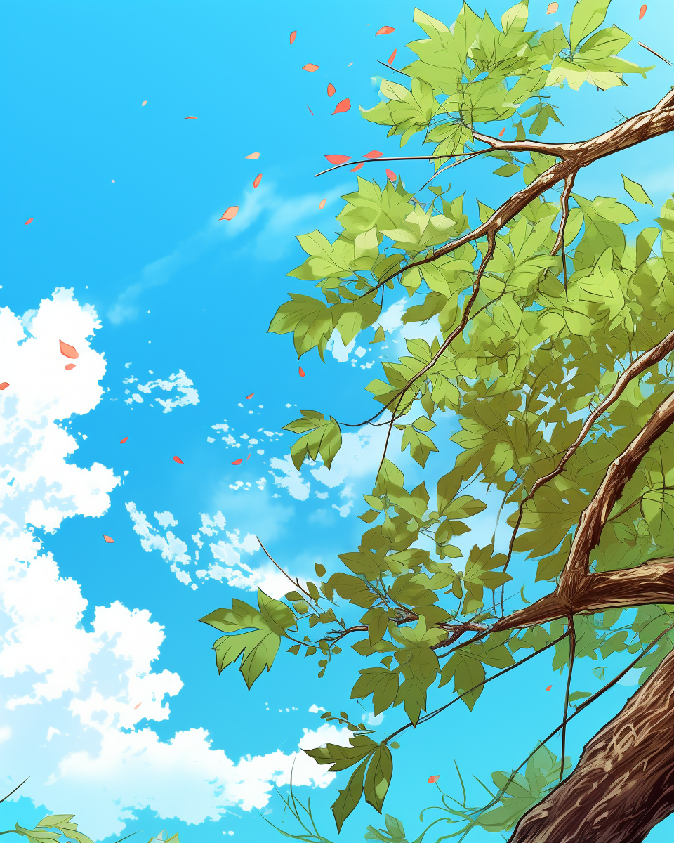 Anime tree branch with leaves against blue sky