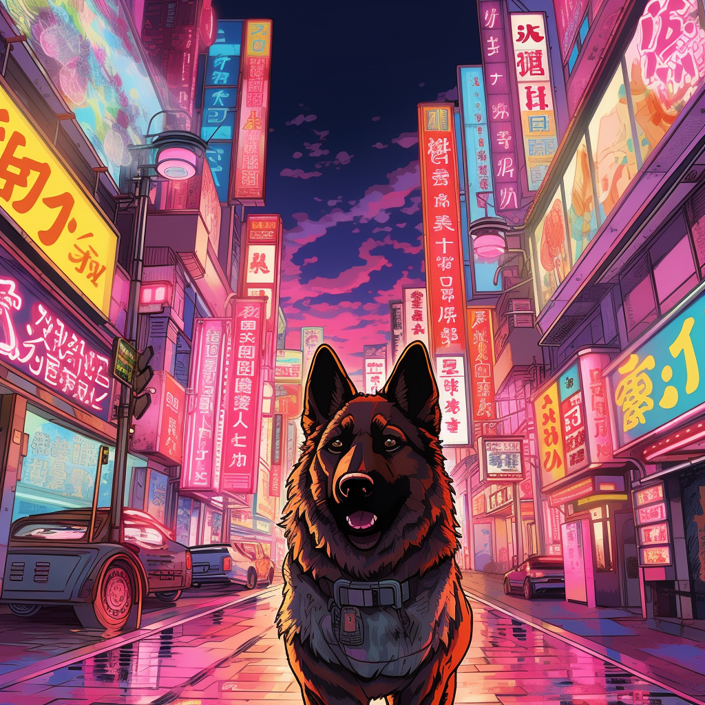 Stylish German Shepherd Dog Walking in Anime Vaporwave Scene