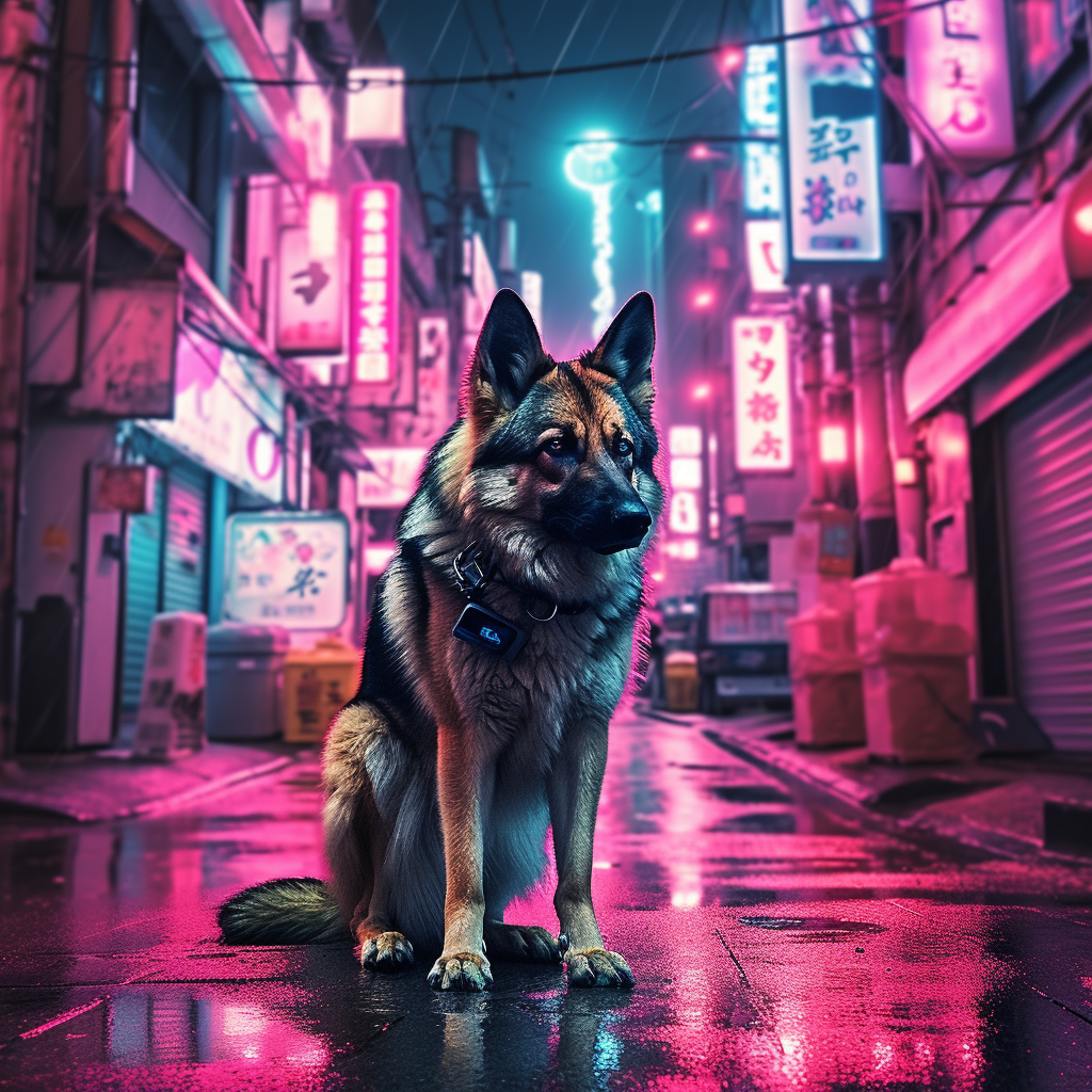 German Shepherd standing in Tokyo streets