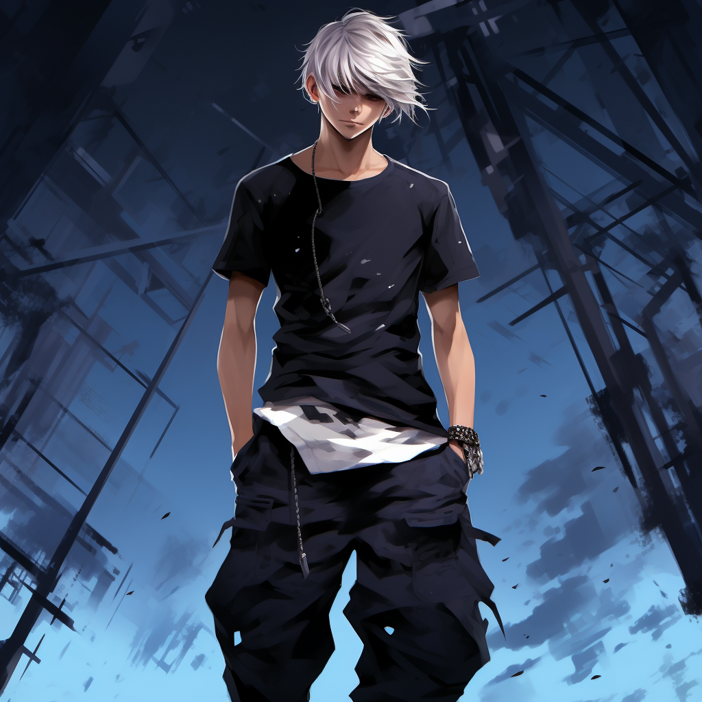 Anime guy with white hair in techcore attire