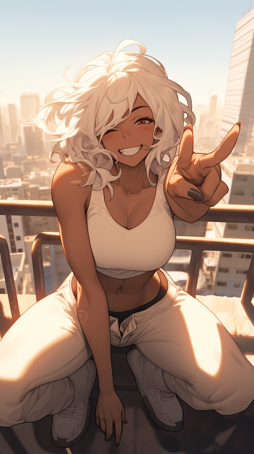 Anime girl with white hair and peace sign