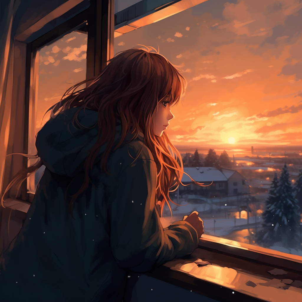 Anime character admiring winter sunrise through window